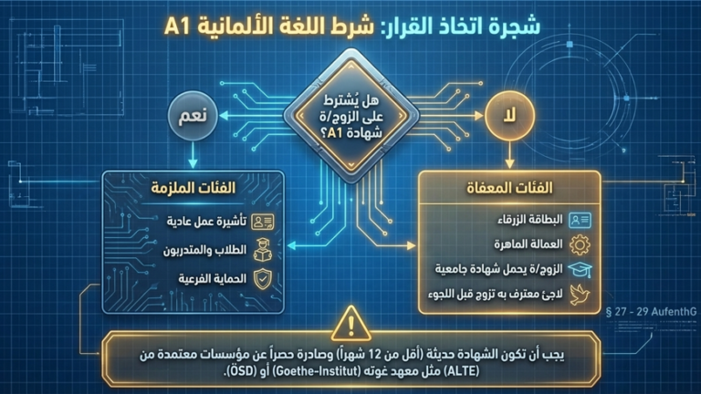 إنفوغرافيك يوضح متى يشترط مستوى اللغة الألمانية A1 للزوج أو الزوجة في لمّ الشمل