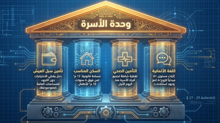 إنفوغرافيك يوضح دخل المعيشة والسكن والتأمين الصحي واللغة في لمّ الشمل