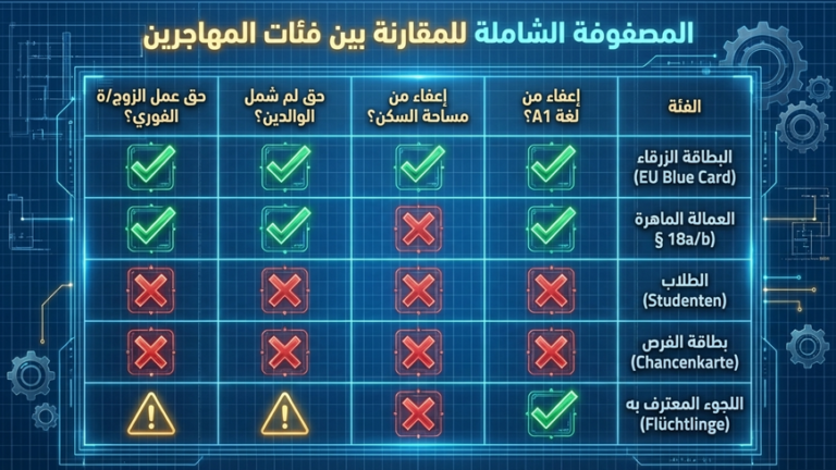 إنفوغرافيك يقارن شروط اللغة والسكن واستقدام الوالدين وحق العمل بين فئات المهاجرين